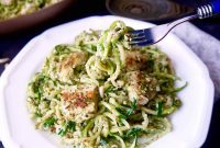 Vibrant Paleo Chicken and Zoodles with Green Pepper Almond Pesto