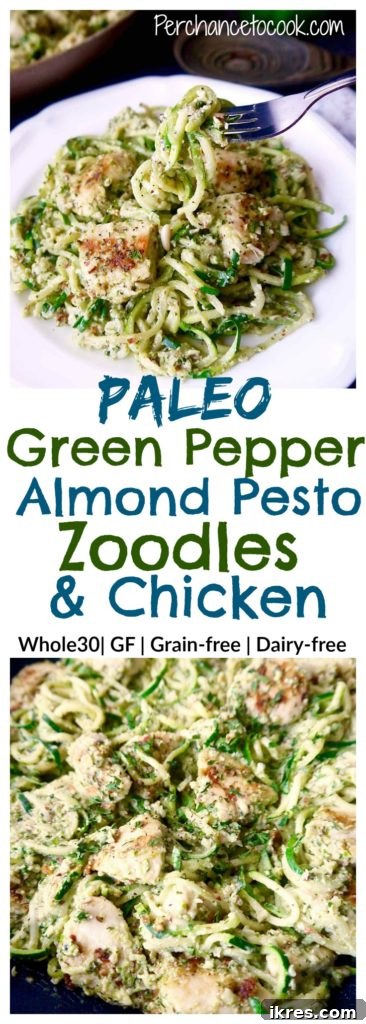 Vibrant Paleo Chicken and Zoodles with Green Pepper Almond Pesto 9 A tall, artistic shot of the Paleo Green Pepper and Almond Pesto Zoodles & Chicken, emphasizing its gourmet presentation and healthy appeal.