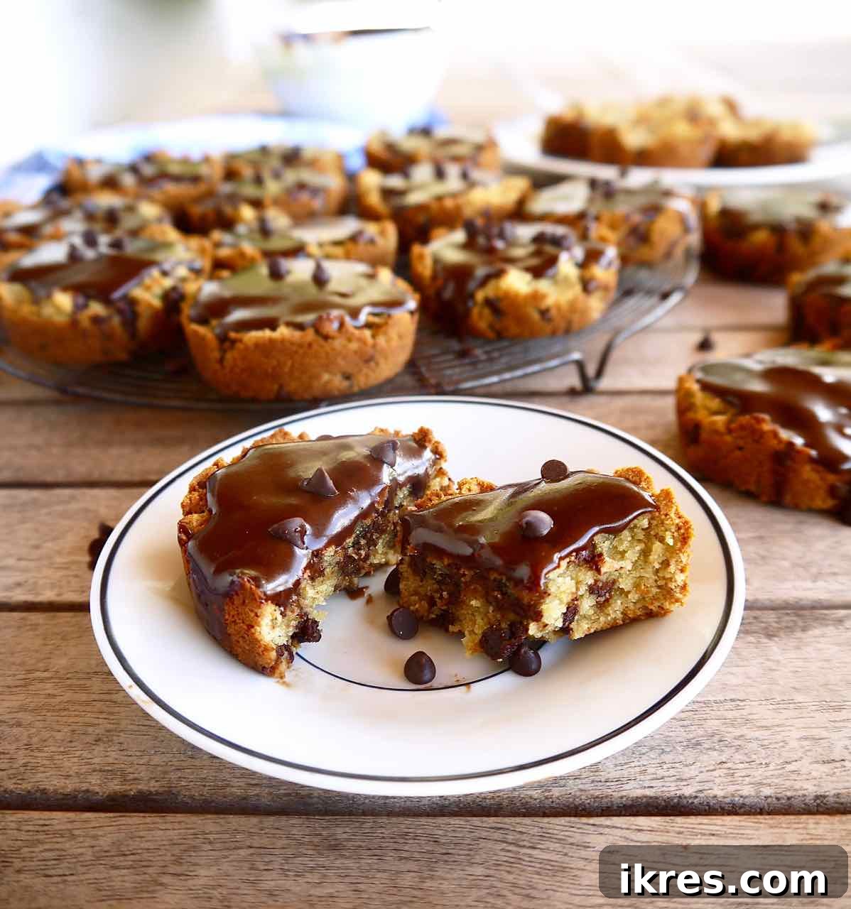 Paleo Chocolate Chip Cookie Cake Cups 6 Close-up of Paleo Chocolate Chip Cookie Cake Cupcakes with ganache