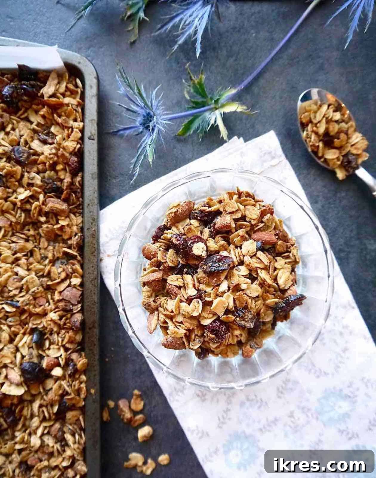 Olive oil granola in a bowl, showcasing its golden-brown texture.