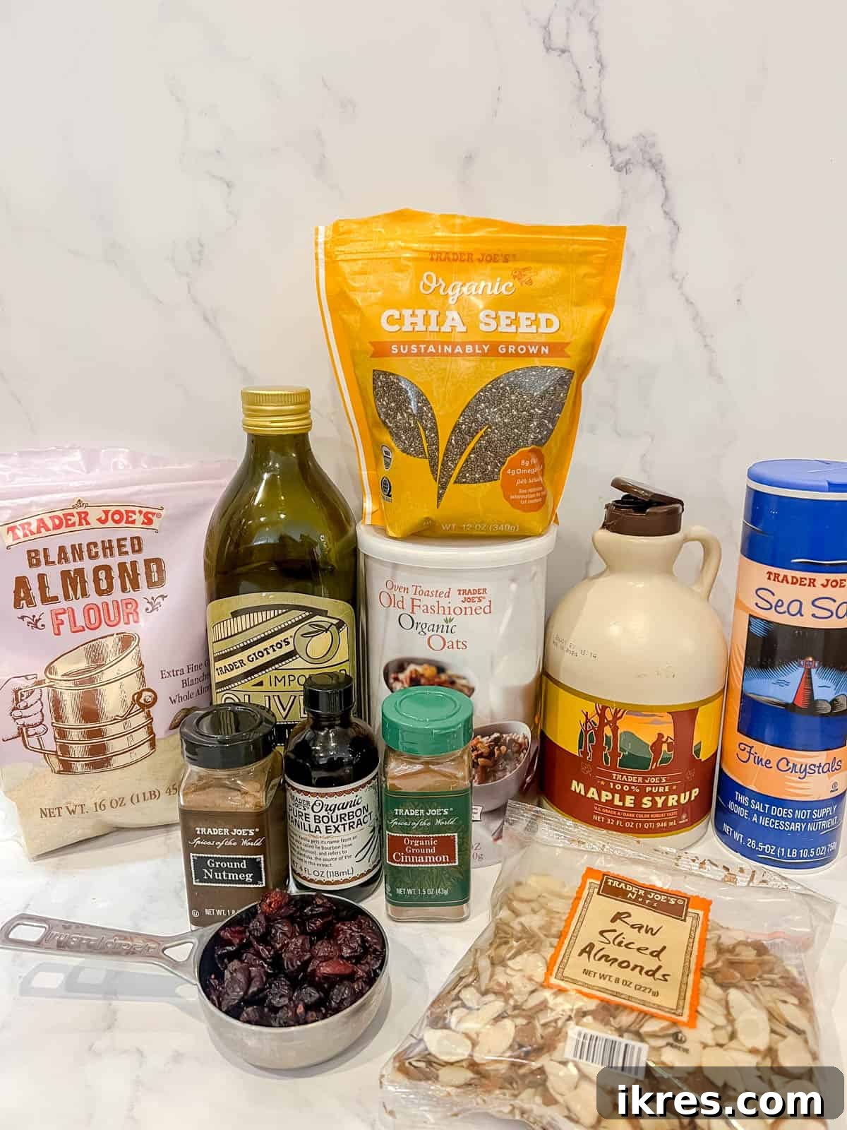 Ingredients needed to make olive oil granola, neatly arranged.