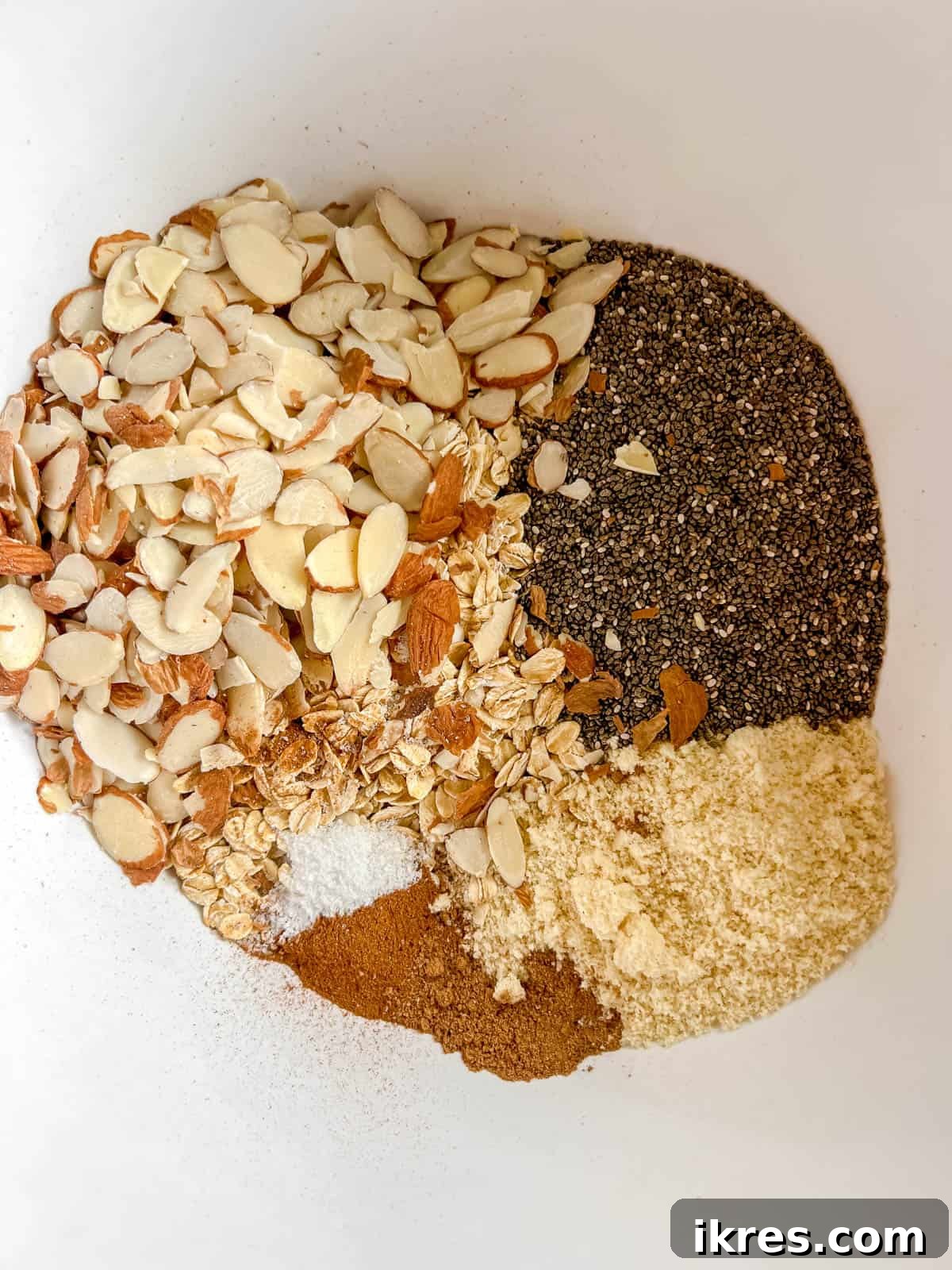 All ingredients for chia seed granola in a bowl, before mixing.