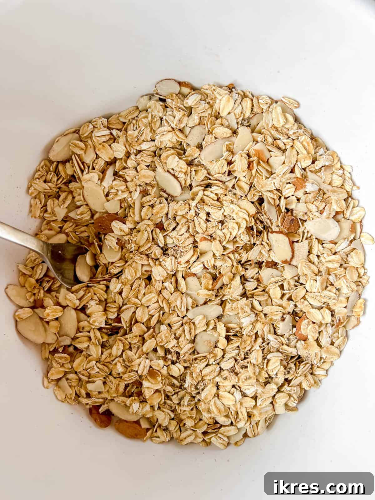 Chia seed granola dry ingredients, fully mixed in a bowl.