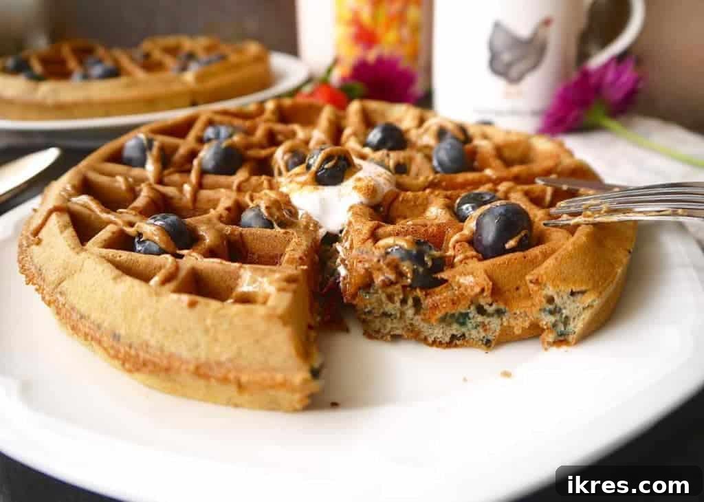 A close-up of a Paleo gluten-free mashed blueberry waffle, showing its detailed texture and the subtle blue flecks from the blueberries.