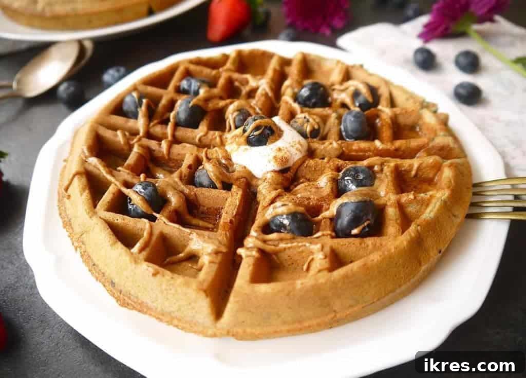 A close-up shot of a Paleo gluten-free mashed blueberry waffle, showing its texture, topped with a spoon of coconut cream and a few fresh blueberries.