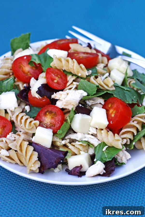 A beautifully presented Chicken Garden Pasta Salad, fresh and ready to eat.