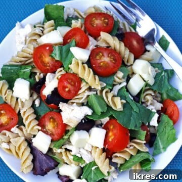 Chicken Garden Pasta Salad in a serving bowl, ready to be enjoyed.