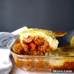 The final delicious paleo shepherd's pie with ground lamb, ready to be enjoyed.