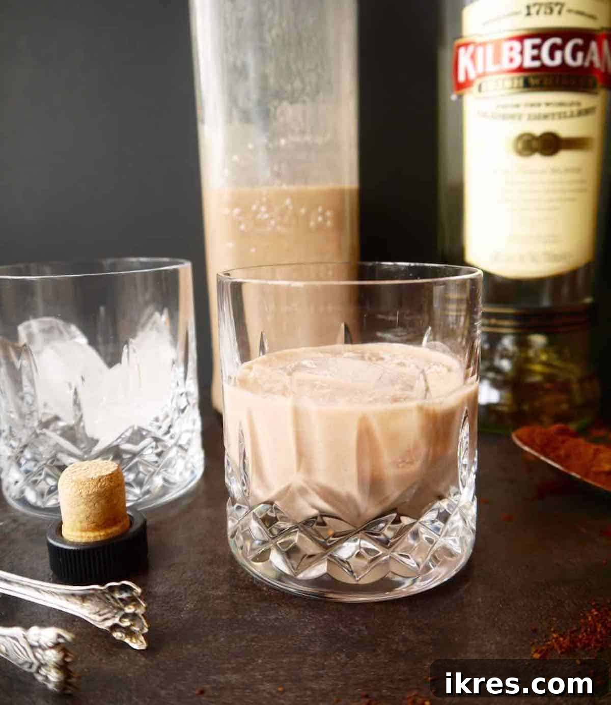 Dairy Free Irish Cream Liqueur From Scratch 2 Homemade Dairy-Free Irish Cream Liqueur served in a glass with ice.