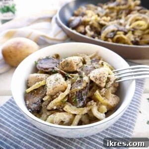 Mushroom, Chicken, and Spiralized Potatoes Casserole in a bowl.