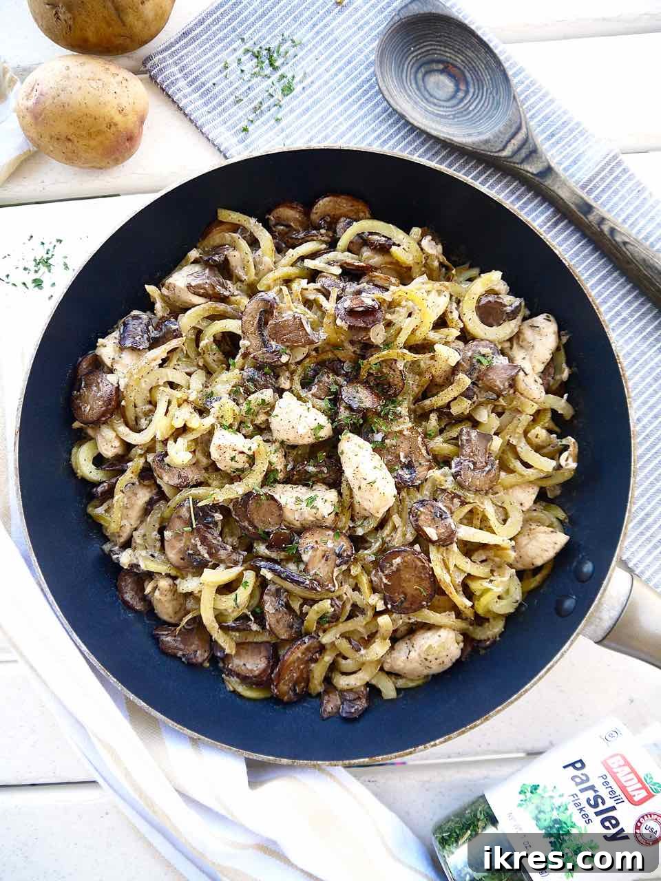 The finished Whole30 and Paleo potato mushroom casserole with spiralized potatoes, ready to be served.