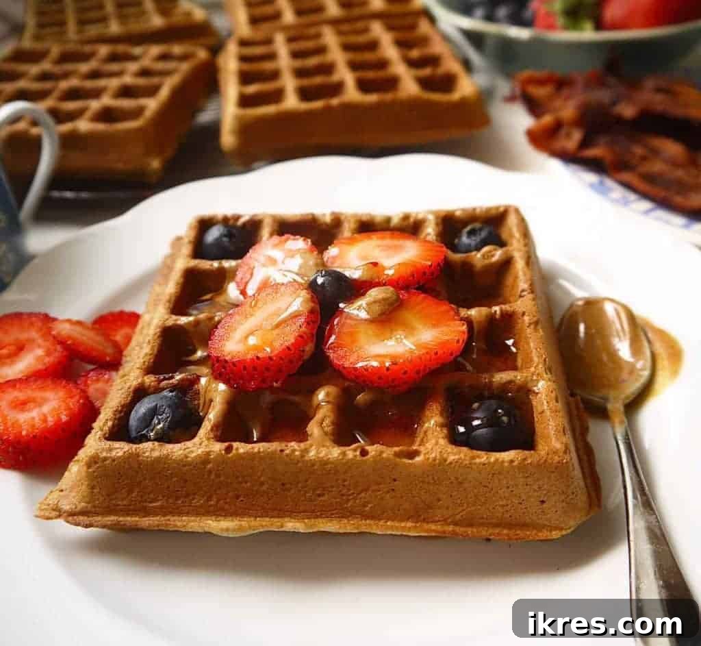 Irresistibly Crispy Paleo Berry Waffles 3 Close-up of a Paleo Berry Waffle with berries and syrup