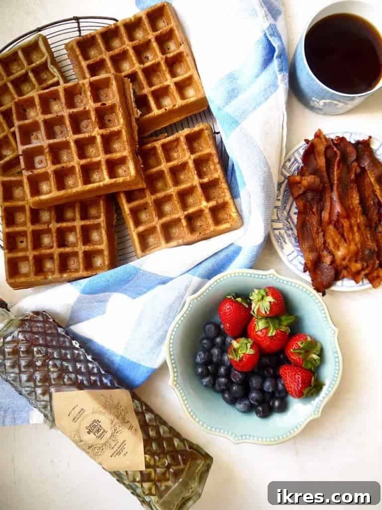 Irresistibly Crispy Paleo Berry Waffles 7 A crispy Paleo Berry Waffle being removed from a waffle maker