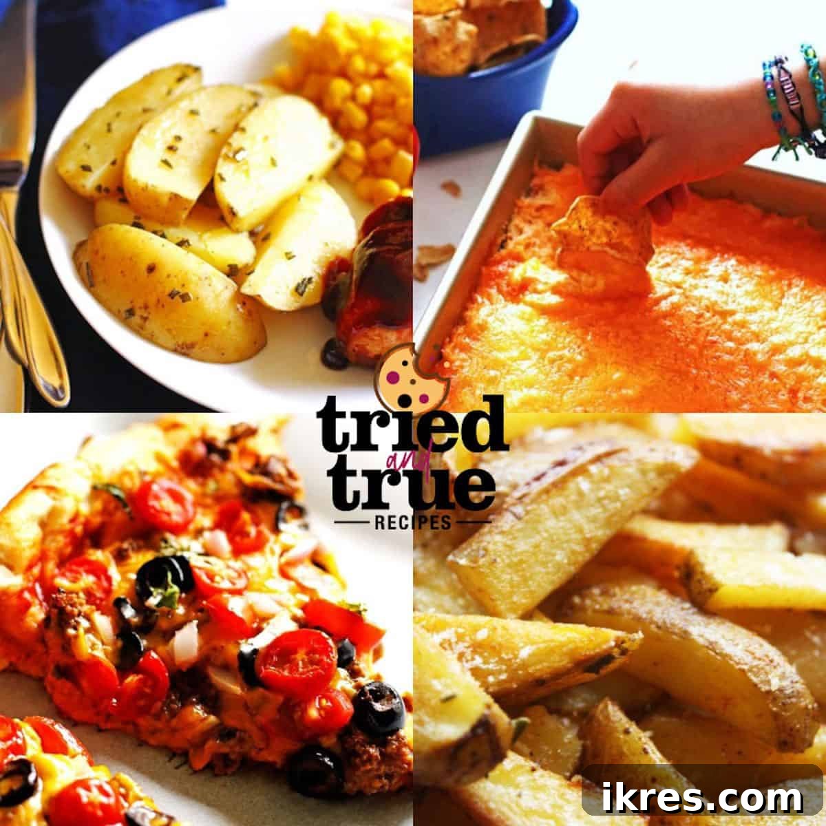 Elevate Your Pizza Night Essential Appetizer Pairings 2 A collage of images showing appetizers for pizza - taco pizza, buffalo chicken dip, potato wedges, and baked french fries.