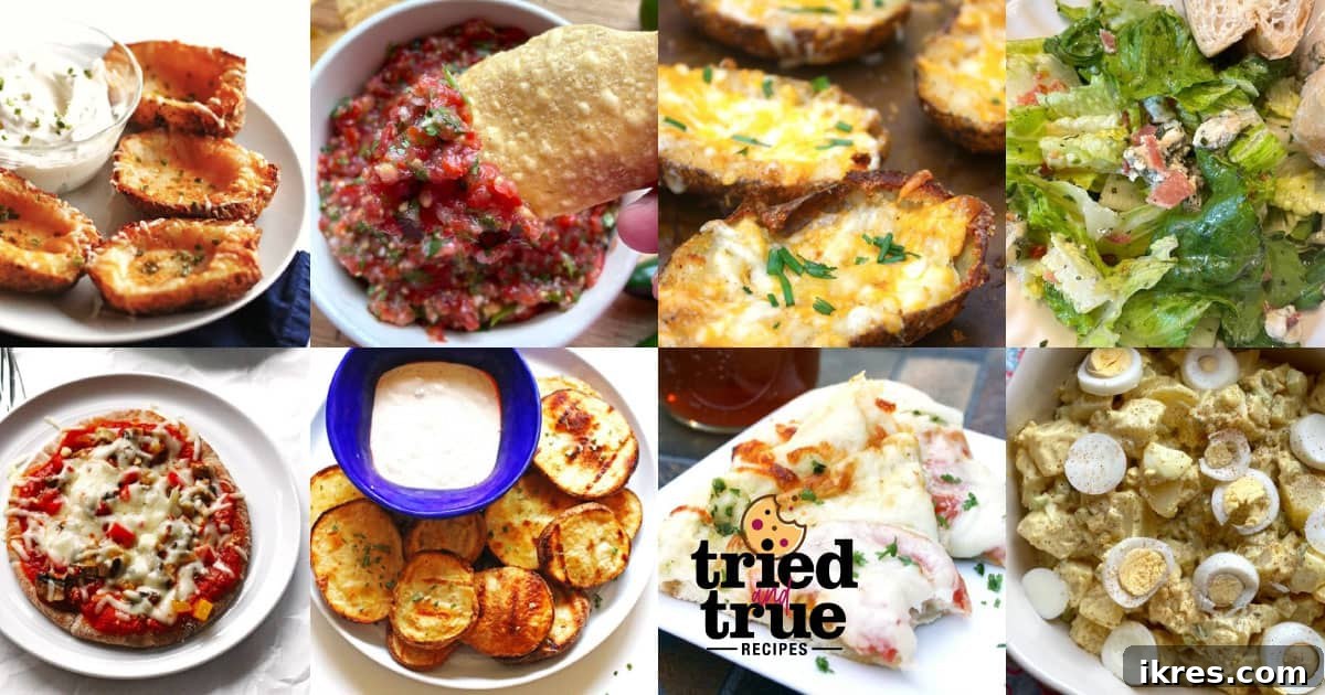 Elevate Your Pizza Night Essential Appetizer Pairings 18 A Facebook collage of a collage of images showing appetizers for pizza - taco pizza, buffalo chicken dip, potato wedges, baked french fries potato skins, buffalo chicken dip, potato salad, and white pizza.