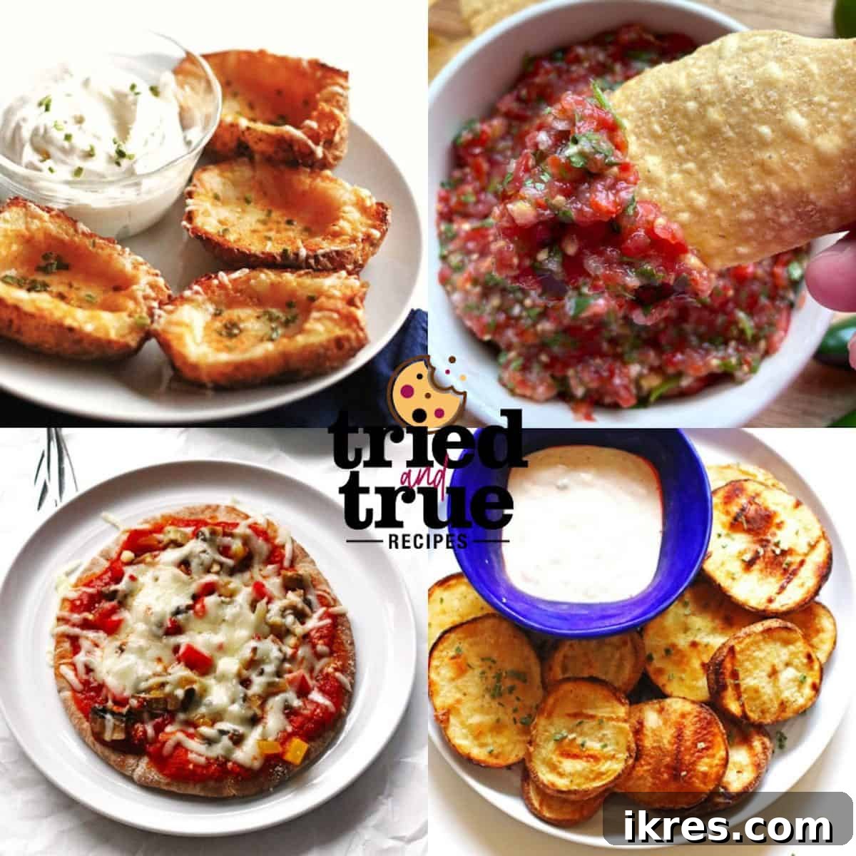 Elevate Your Pizza Night Essential Appetizer Pairings 13 A collage of images showing appetizers for pizza - potato skins, chips and salsa, grilled potatoes with blue cheese, and a pita pizza.