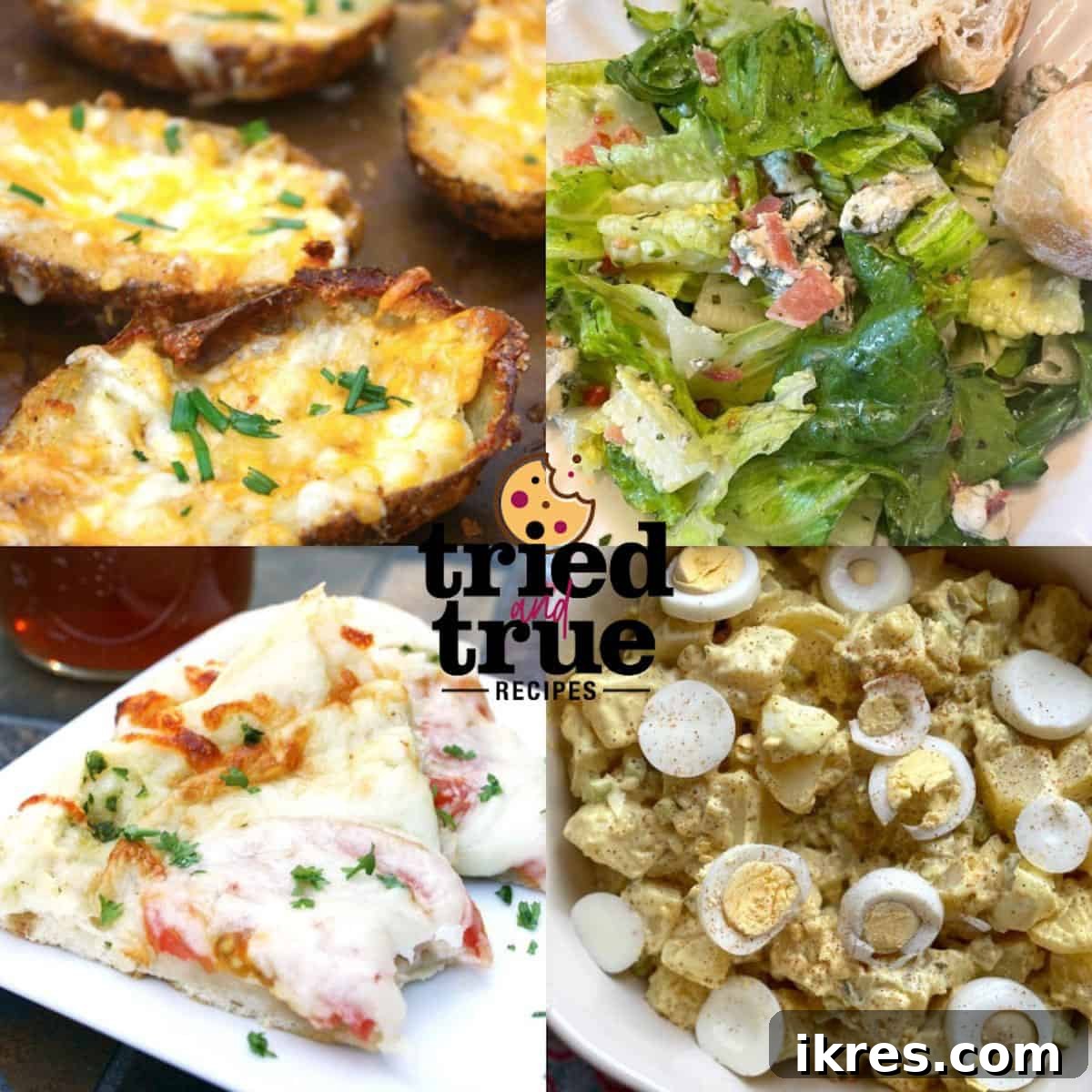 Elevate Your Pizza Night Essential Appetizer Pairings 27 A collage of images showing appetizers for pizza - potato skins, green salad, potato salad, and white pizza.