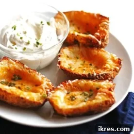 Four potato skins on a white plate.