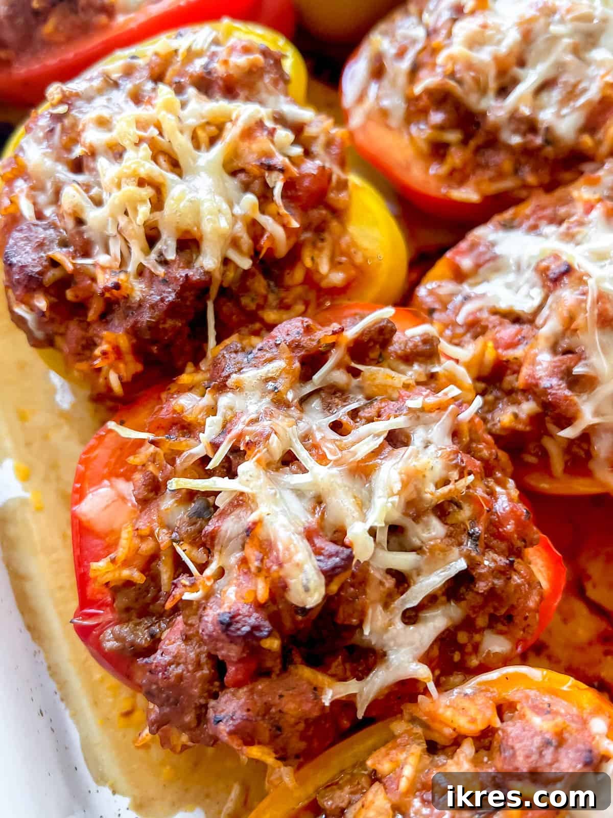 Healthy stuffed peppers with melted cheese on top, ready to be served after cooking.