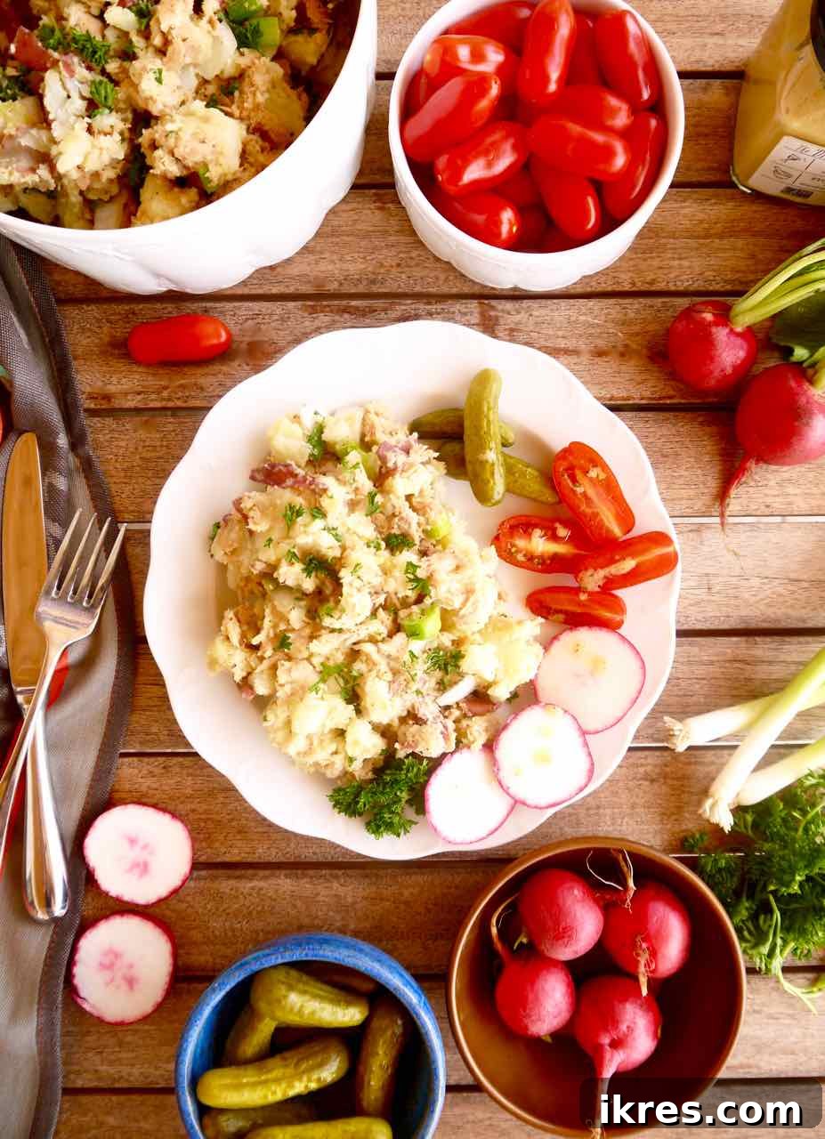 Rustic French Tuna Potato Salad 10 A beautifully plated portion of French tuna potato salad, served with fresh cherry tomatoes, crisp radishes, and tangy cornichons, ready to be enjoyed.