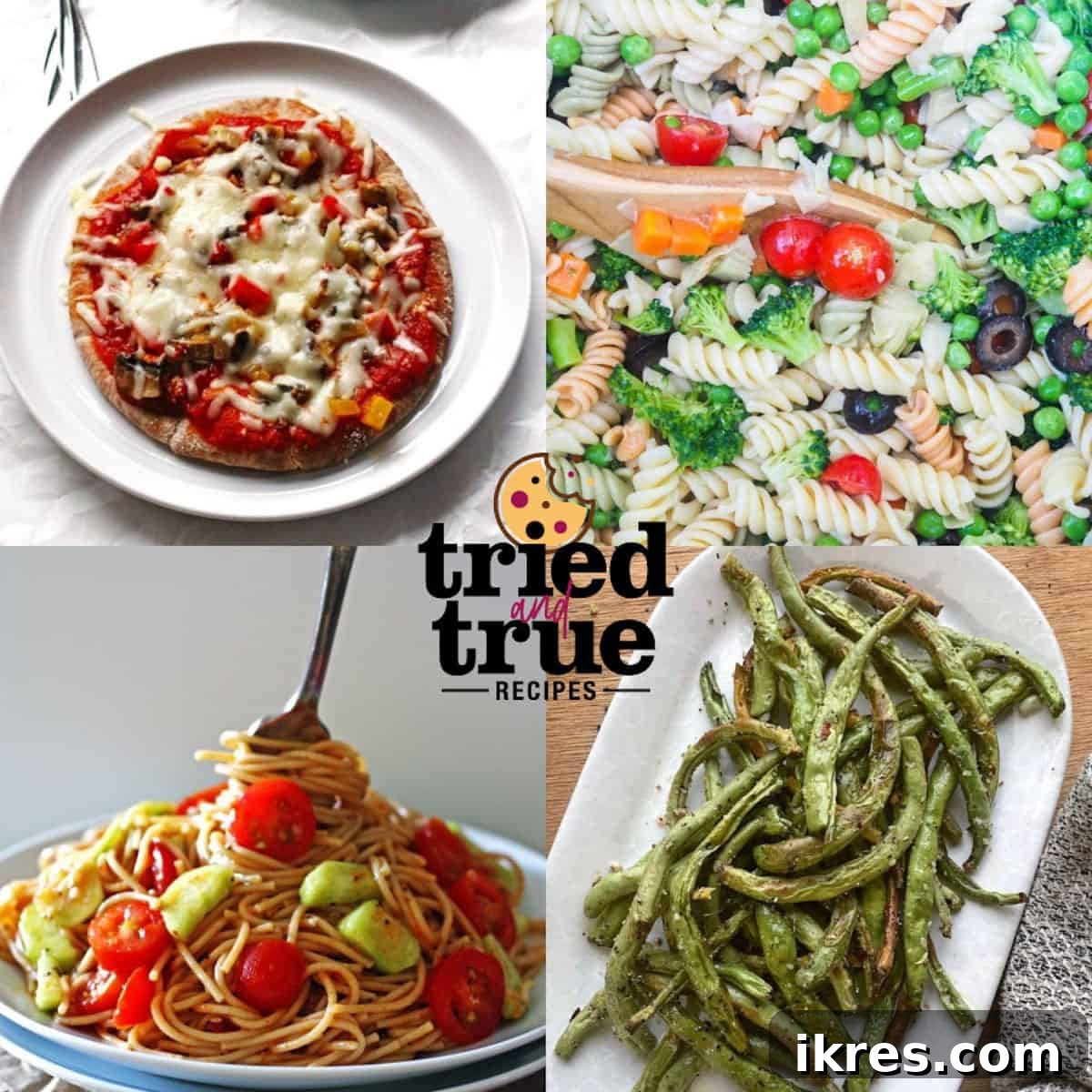 A collage of images showcasing various healthy side dishes for pizza, including pasta salad, air-fried green beans, and a pita pizza.