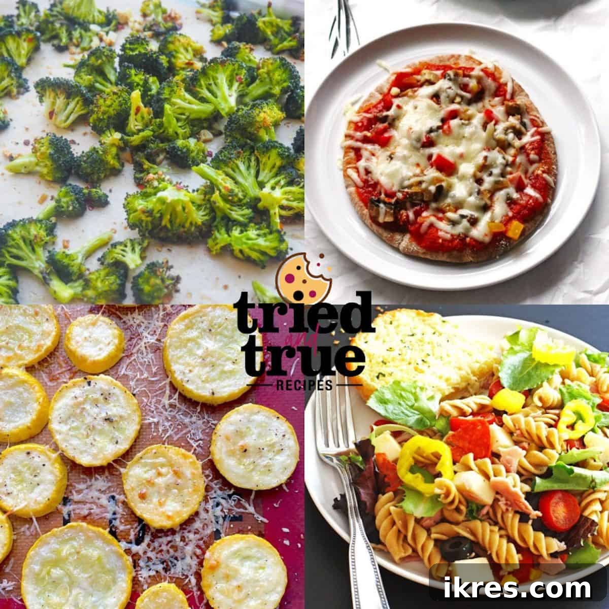 A collage of images featuring healthy sides for pizza, including roasted broccoli, roasted squash, and antipasto pasta salad, served alongside a pita pizza.