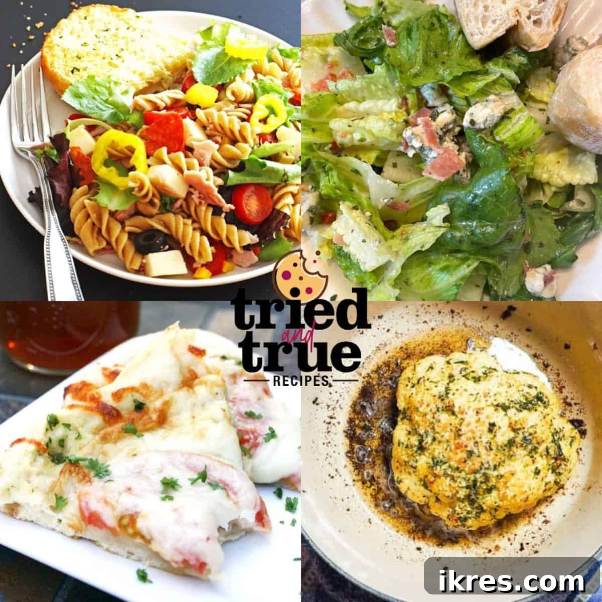 A collage of images illustrating healthy sides for pizza, including roasted cauliflower, a refreshing side salad, and antipasto pasta salad, alongside a white pizza.