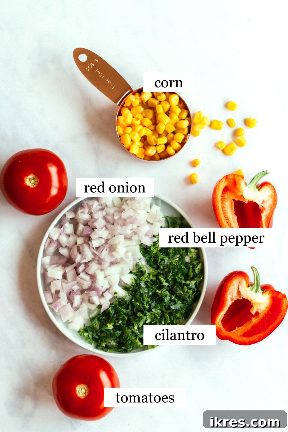 Zesty Sweet Corn Pico de Gallo 3 The vibrant ingredients for corn pico de gallo, artfully laid out and clearly labeled: fresh corn, finely diced red onion, crisp red bell pepper, aromatic cilantro, and ripe tomatoes.