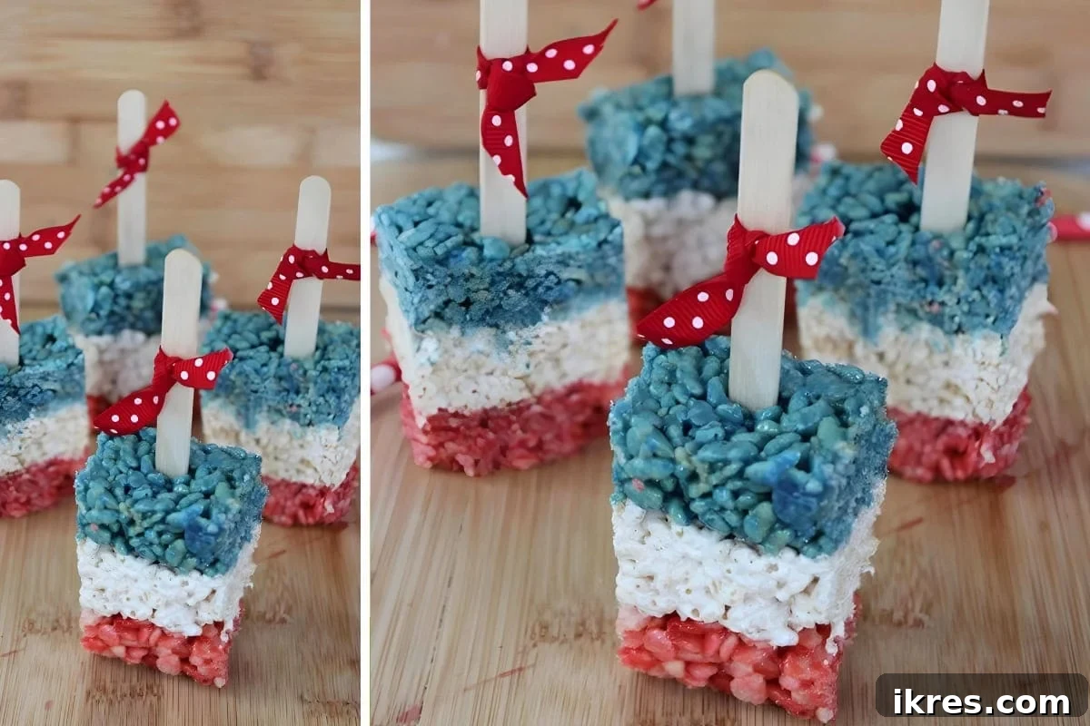 Stars and Stripes Krispie Treats: The Ultimate Patriotic Party Snack 2 Red, White, and Blue Rice Krispie Treat Pops on sticks
