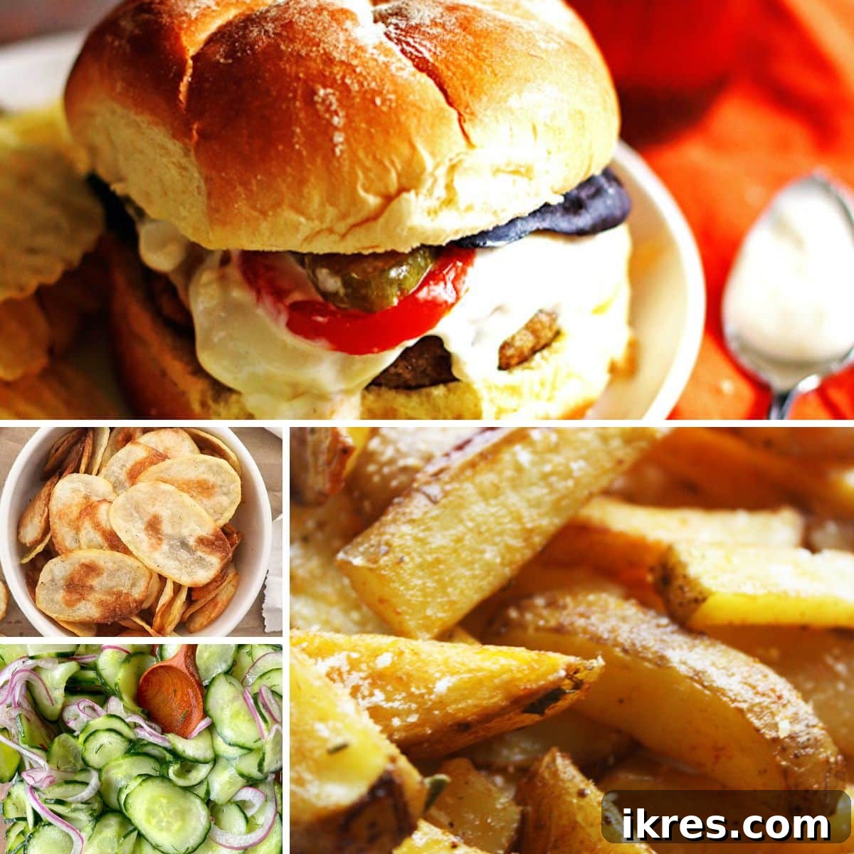 Ditch the Guilt: 42 Fresh Sides for Burgers and Hot Dogs 2 A collage of images showing healthy sides to serve with burgers and hot dogs - baked french fries, baked chips, and cucumber salad.