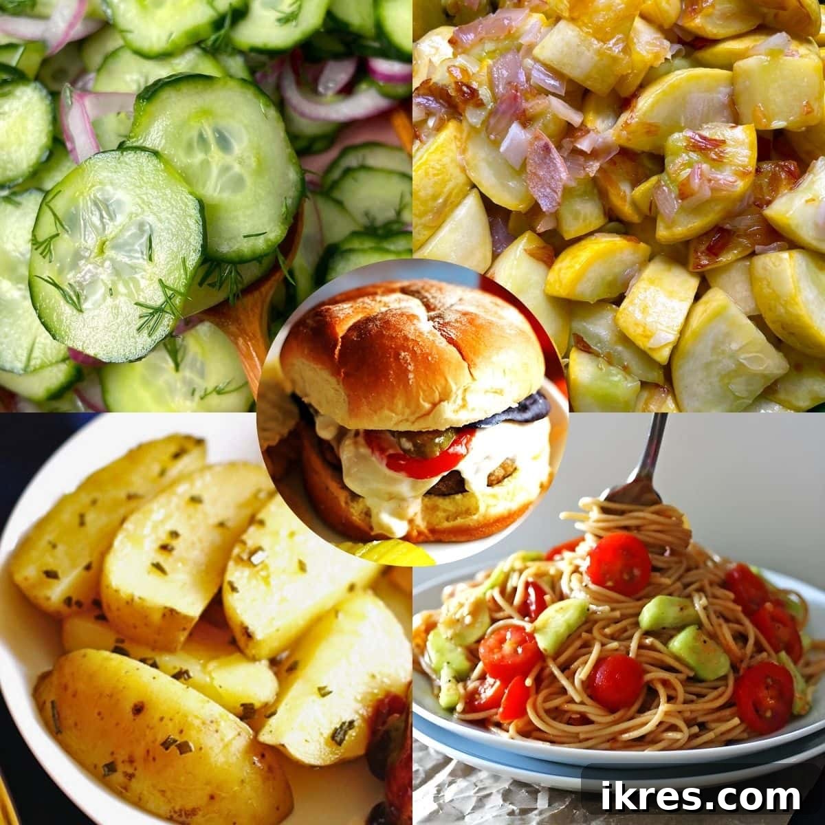 Ditch the Guilt: 42 Fresh Sides for Burgers and Hot Dogs 35 A collage of images showing healthy sides to serve with burgers and hot dogs - sautéed squash, potato wedges, and cucumber salad.