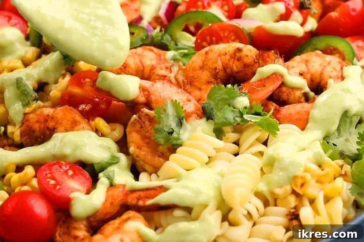 Shrimp Pasta Salad with creamy and spicy avocado dressing