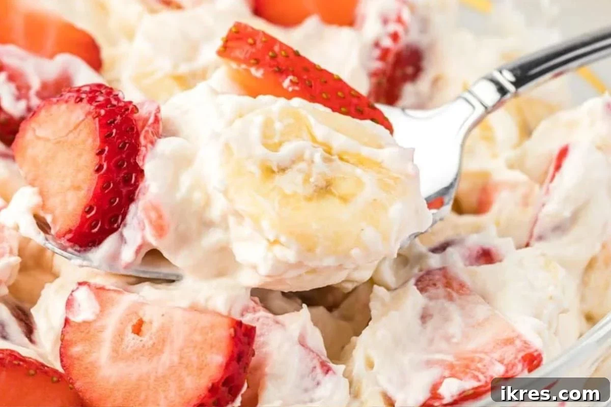 No Oven, No Sweat: 19 Easy Desserts to Cool Your Summer 3 Refreshing Strawberry Banana Cheesecake Salad with fresh fruit and a creamy cheesecake dressing, a light no-bake dessert.