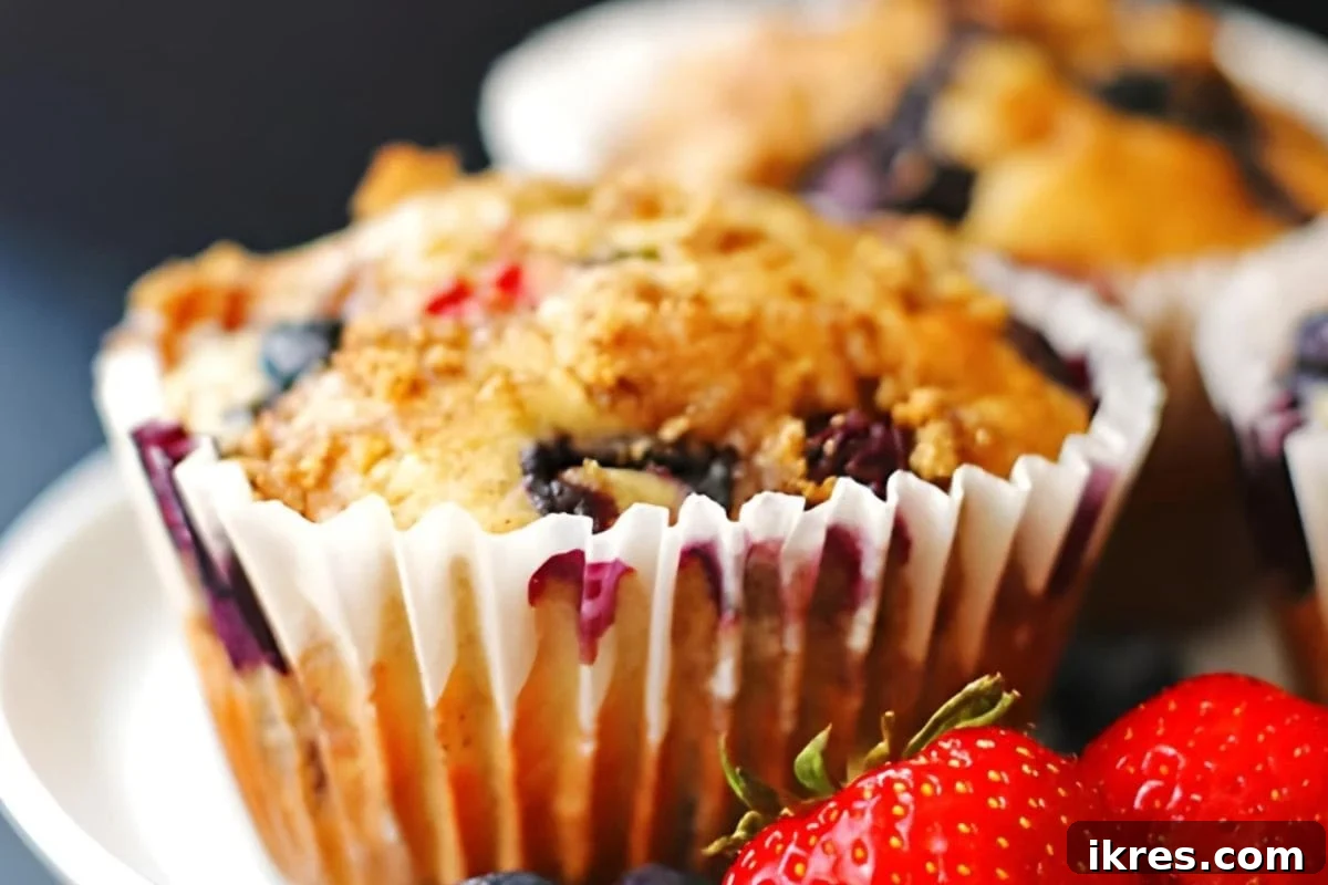 Muffin Magic: 12 Recipes to Conquer Back-to-School Mornings 5 Jumbo Triple Berry Muffins bursting with fruit flavors for a vibrant breakfast.