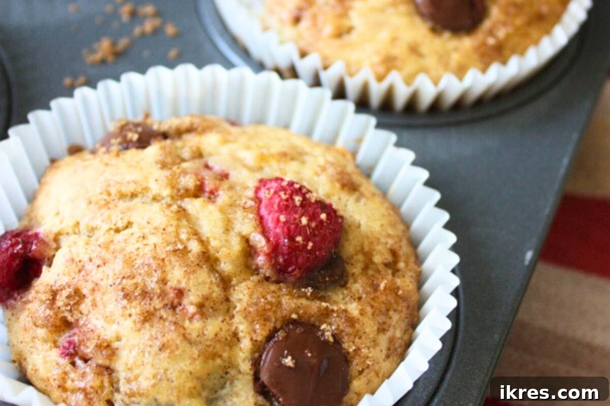 Jumbo raspberry chocolate chip banana muffins, tender and bursting with fresh raspberry flavor