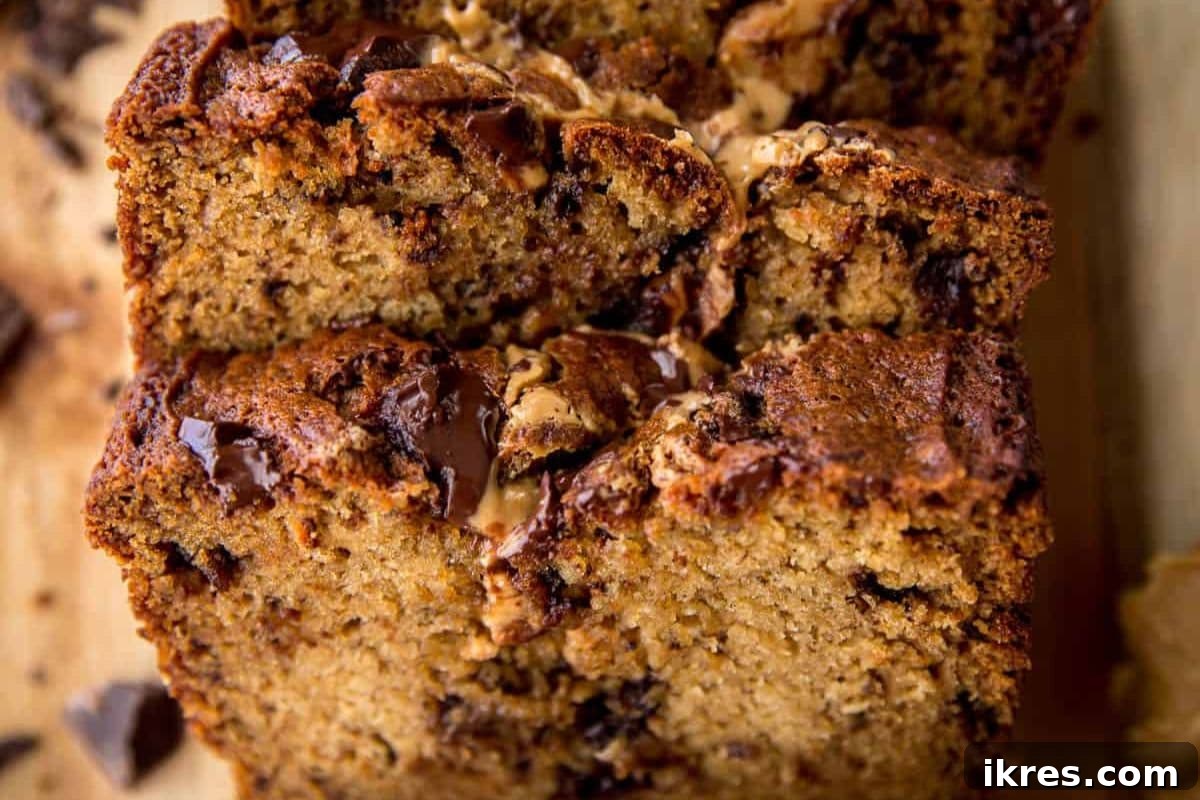 Rich chocolate peanut butter banana bread swirled with creamy peanut butter