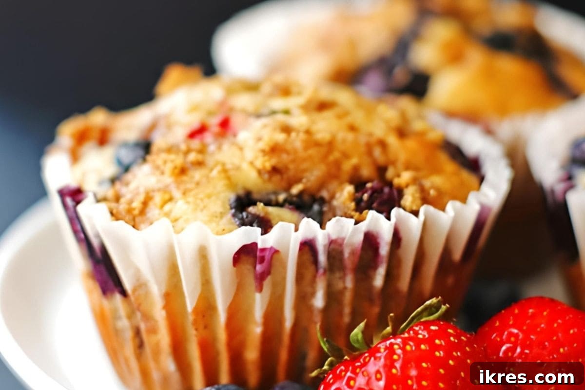 Jumbo fruit explosion muffins loaded with ripe bananas, blueberries, and strawberries