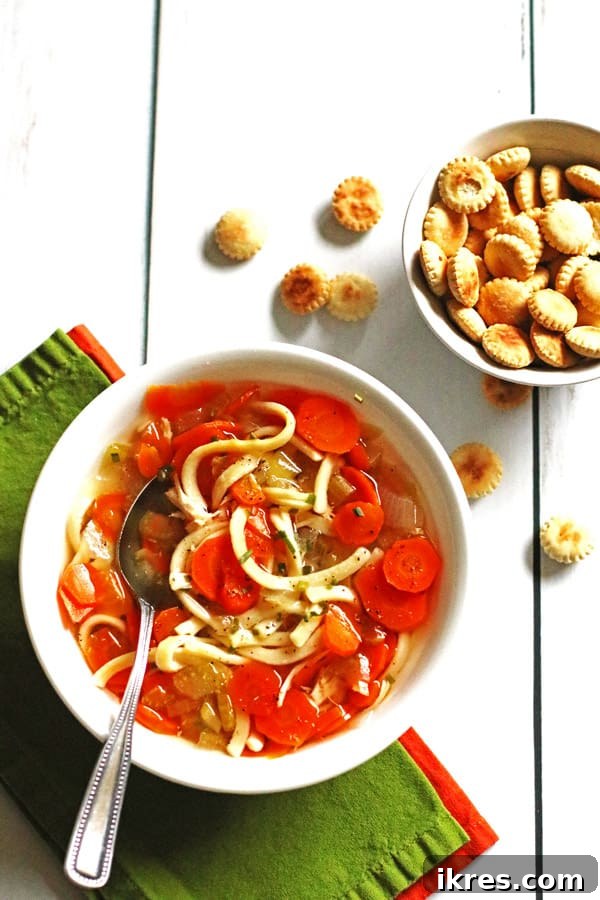 Cozy Slow Cooker Chicken Soup 5 A comforting serving of homemade chicken soup presented in a pristine white bowl, accompanied by a spoon.