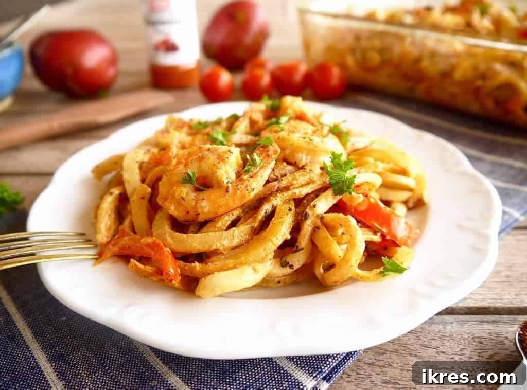 Zesty Cajun Shrimp & Potato Noodle Bake 3 Close-up of creamy Cajun Shrimp and Spiralized Potato Casserole, showcasing fresh ingredients