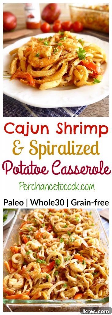 Zesty Cajun Shrimp & Potato Noodle Bake 7 Finished Cajun Shrimp and Spiralized Potato Casserole, served hot and bubbling