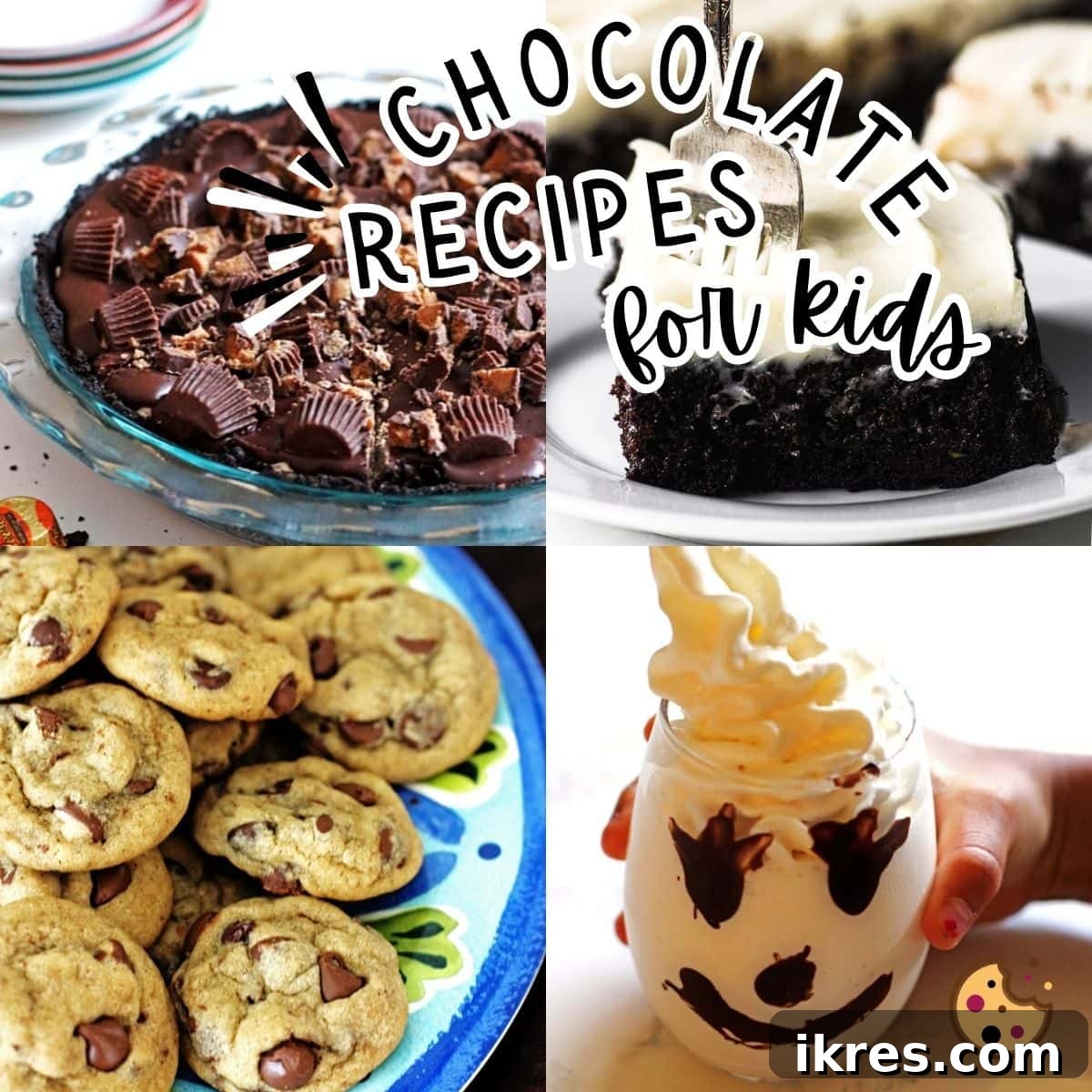 Whip Up 50 Easy Chocolate Treats for Kids 2 A collage of chocolate recipes for kids, featuring chocolate chip cookies, a creamy milkshake, a delectable chocolate snack cake, and a rich Reese's peanut butter cup pie.