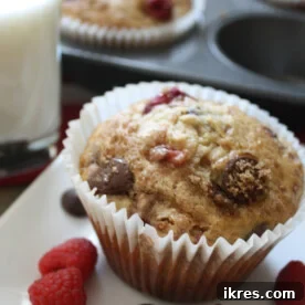 A glorious Chocolate Chip Raspberry Banana Jumbo Muffin, showcasing its generous size and enticing ingredients.
