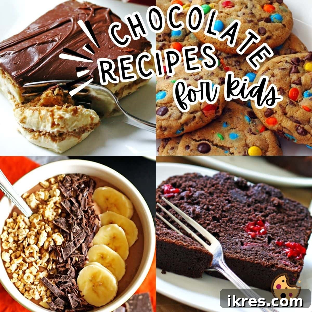 Whip Up 50 Easy Chocolate Treats for Kids 46 A collage of irresistible chocolate recipes for kids, including a rich eclair cake, various cookies, a healthy smoothie bowl, and classic chocolate banana bread.