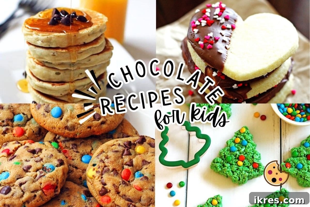 Whip Up 50 Easy Chocolate Treats for Kids 54 A captivating collage showcasing a variety of chocolate recipes for kids: fluffy chocolate chip pancakes, colorful M&M cookies, elegant sugar cookies, and festive Christmas tree Rice Krispie treats.
