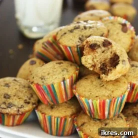 A small pile of mini chocolate chip muffins, golden and studded with tiny chocolate morsels.