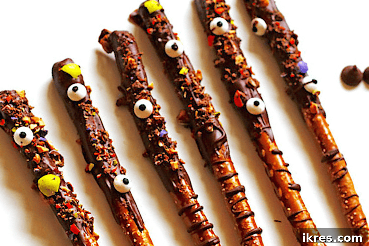 Festive Chocolate Covered Halloween Pretzel Rods with sprinkles, a perfect sweet and salty snack