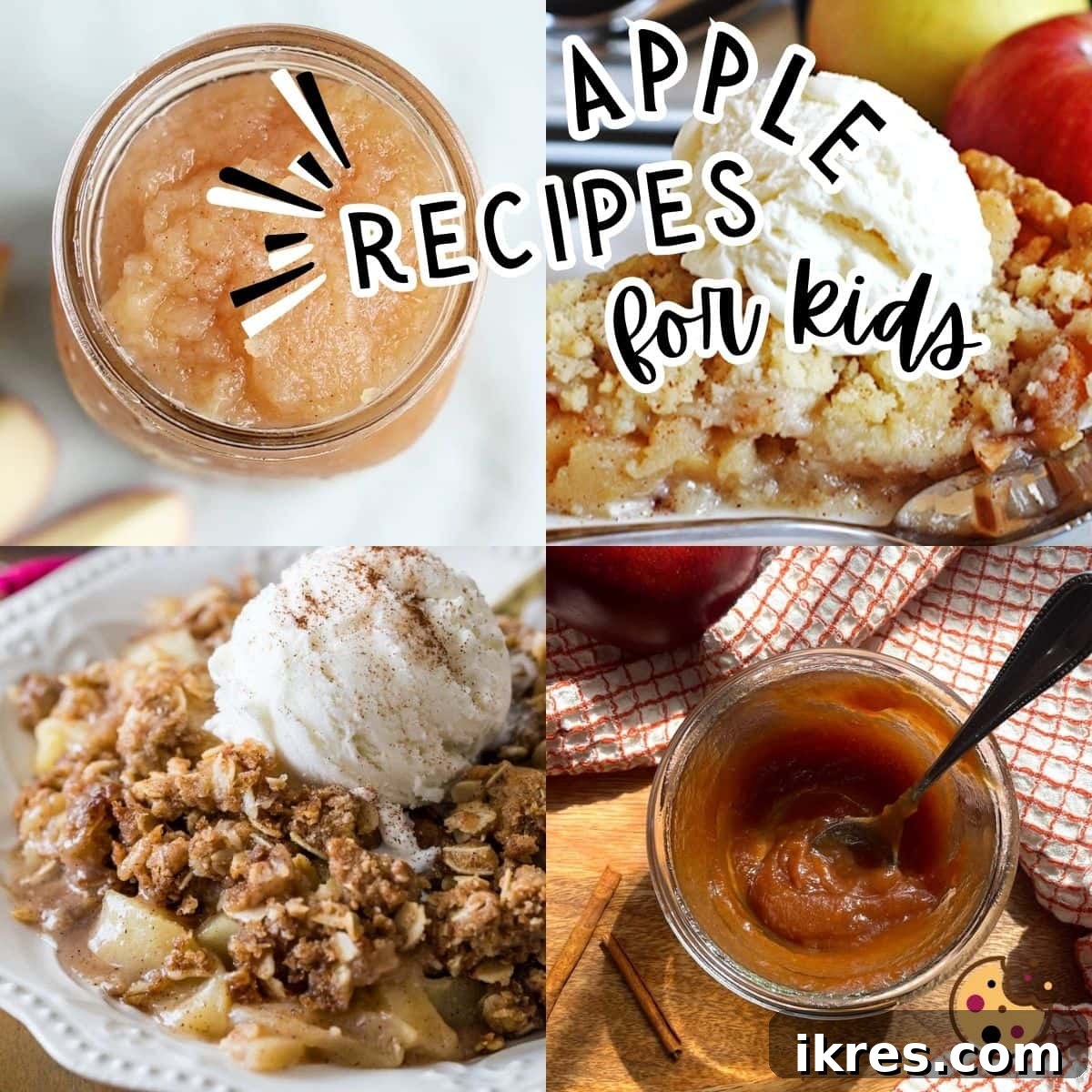 A vibrant collage featuring a variety of delicious apple recipes for families and kids, including hearty apple crisp, smooth apple butter, wholesome applesauce, and classic apple pie.