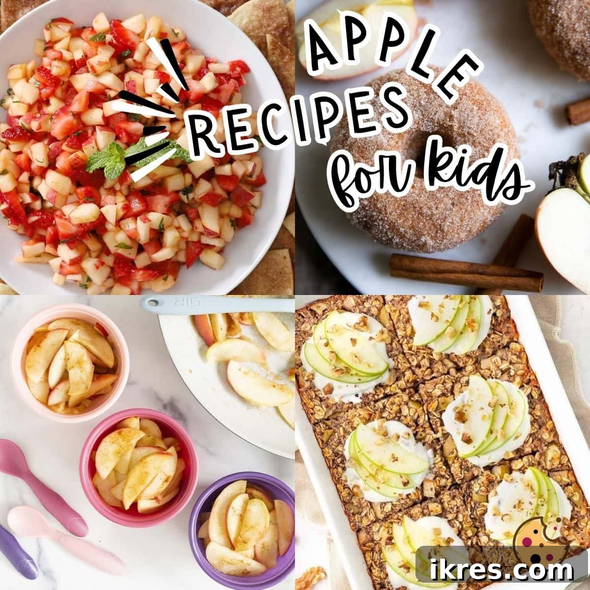 A collage of various kid-friendly apple recipes, featuring baked apple oatmeal, fresh apple salsa, apple cider donuts, and spiced apple slices.
