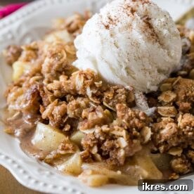 A classic apple crisp, golden brown and bubbling.