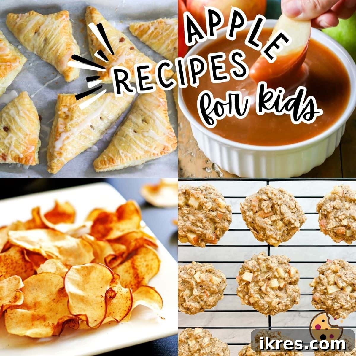 A collage of comforting apple recipes for kids, featuring apple turnovers, caramel dip, apple chips, and apple pie breakfast cookies.